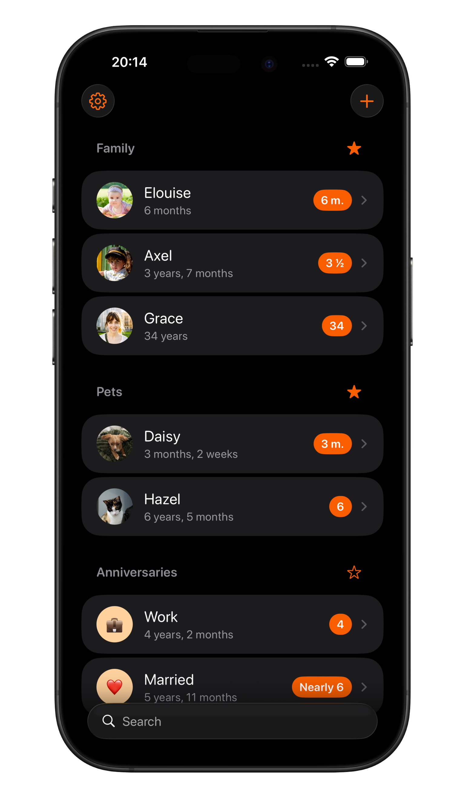 Gammel home screen showing organised list of people