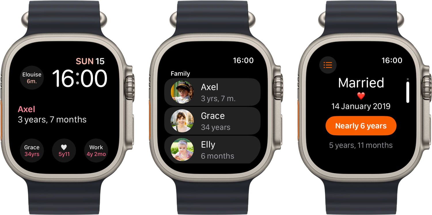 3 views of the Gammel app, the watch face with complications showing data from Gammel, the Home Screen of Gammel listing data that has been added, and a details screen listing data about a particular anniversary