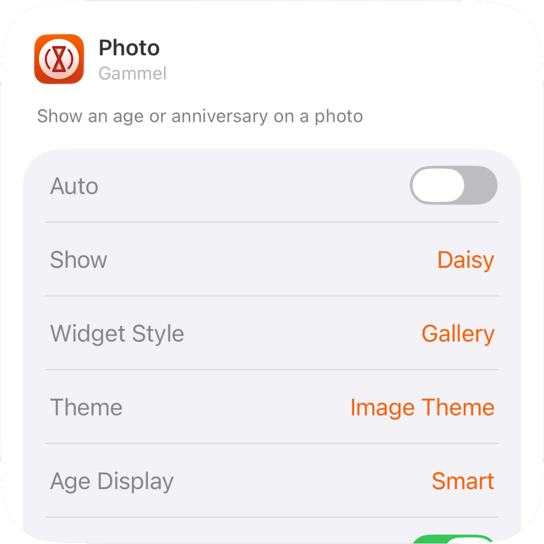 Widget settings screen showing style, theme, and item selection options