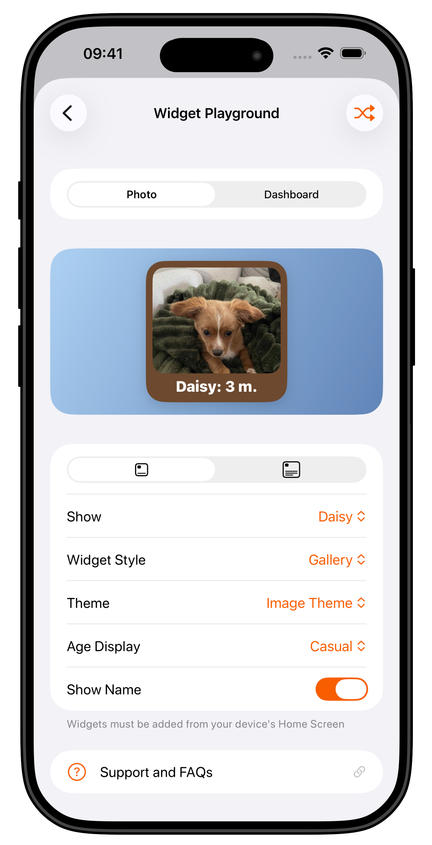 The Widget Playground screen in the Gammel app
