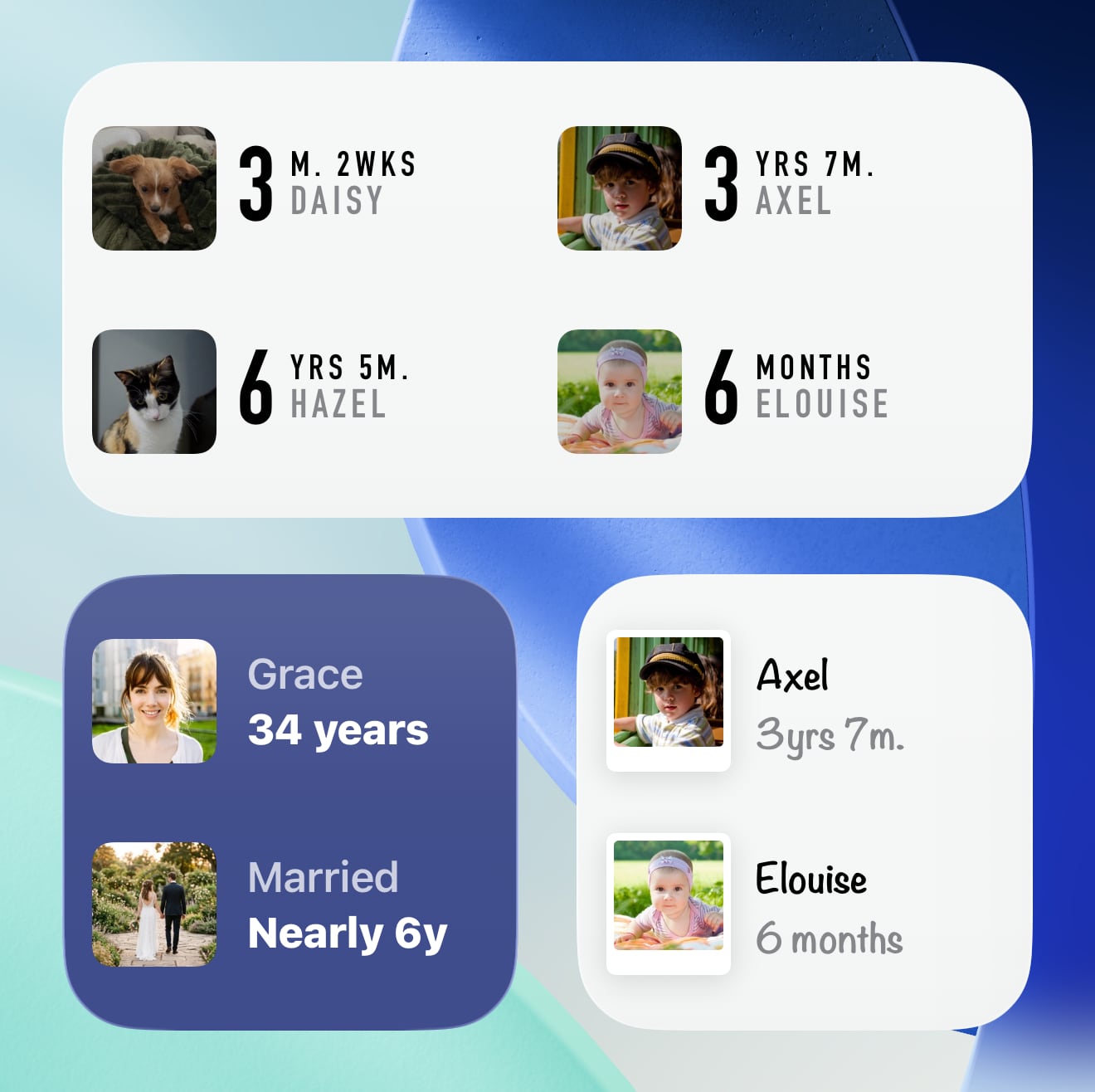 Dashboard widgets showing ages for people, pets, and anniversaries